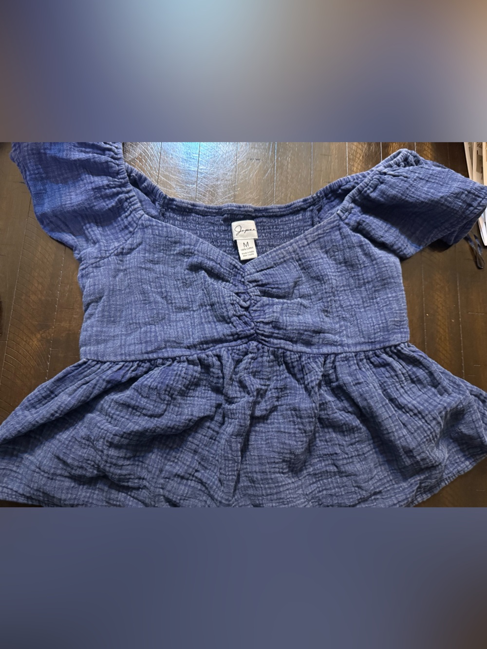 Joules Blue Gauze Puff-Sleeve Peplum Top crop top